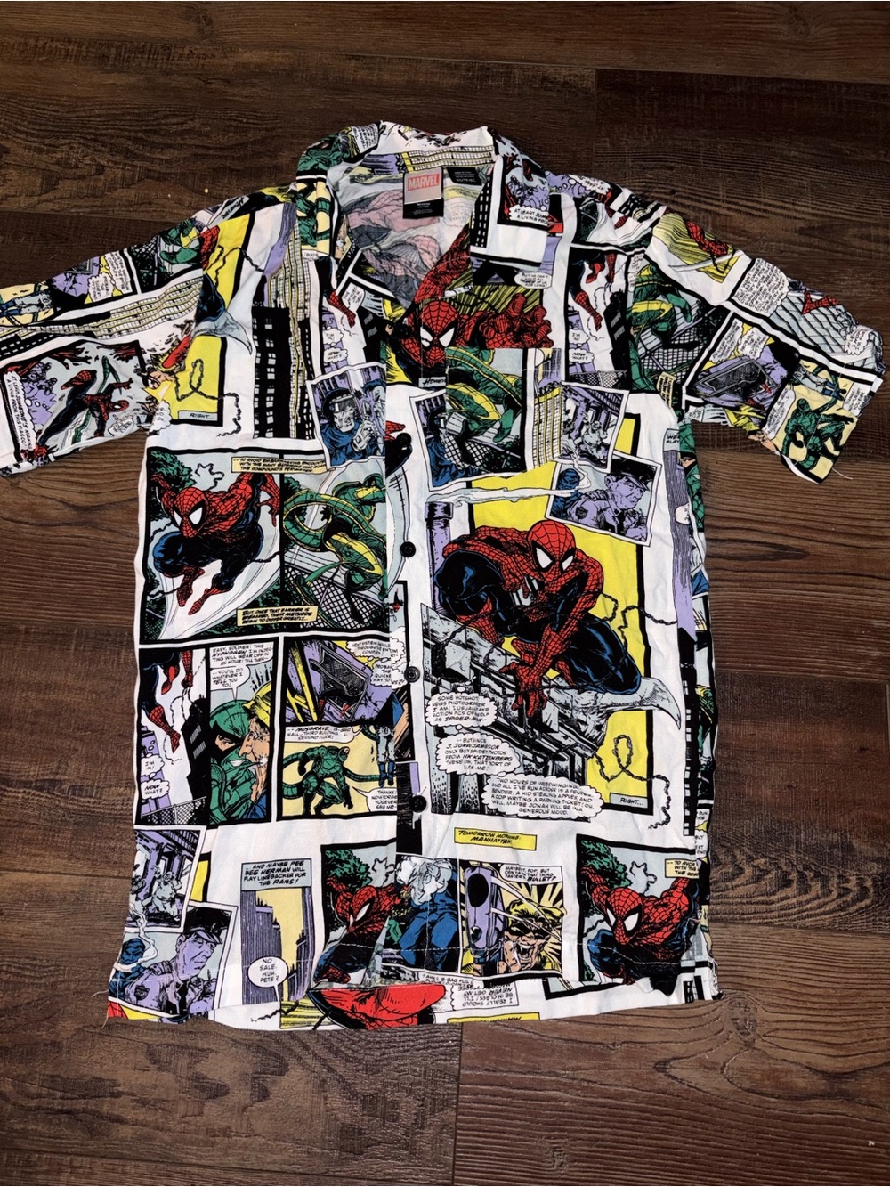 Marvel Spider-Man Comic Strip All Over Print Rayon Button Down Shirt Size XS